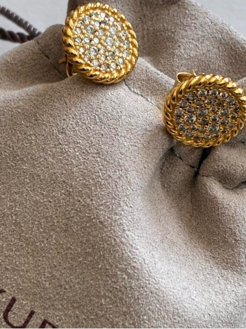 Fashion Jewelry Gold Pave Rope-Edge Stud Earrings. Comes With Pouch